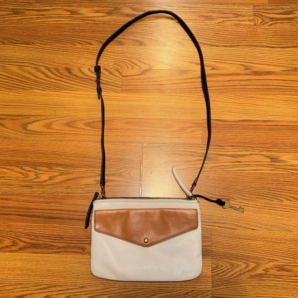 Fossil Devon Flap Crossbody Bag Purse Colorblock Cream Black Tan Leather